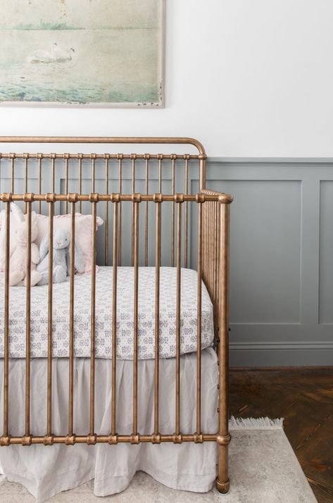 Nursery With White Wainscoting, Nursery Wainscoting Ideas, Nursery Wainscoting, Gold Baby Crib, Baby Lamb Nursery, Enchanted Nursery, Gold Crib, Wainscoting Nursery, Kids Bathrooms