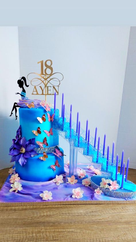 18th birthday cake with stairs. Cake With Stairs Design, Design For 18th Birthday Party, Cake For Debut Birthday, Blue Debut Cake, Debut Cake Design, Debut Cake Ideas, Cake Designs 18th Birthday, Debutant Cake, 18th Birthday Cake Blue