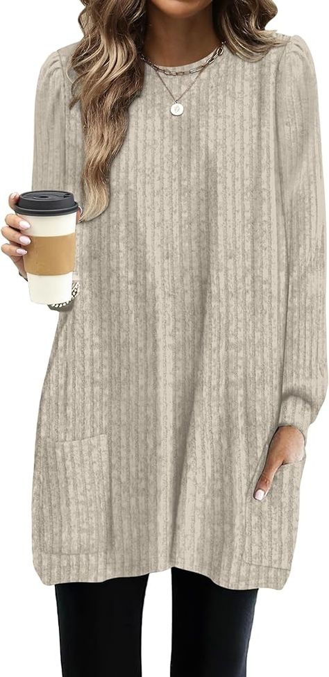 OFEEFAN Long Tunic Tops to Wear with Leggings Womens Sweaters Loose Fit Caramel L at Amazon Women’s Clothing store Tunic Sweaters For Women, Long Tshirt Outfit, Tunic Sweaters, Long Sleeve Shirts For Women, Christmas Tunic, Long Sweaters For Women, Tunics With Leggings, Casual Work Wear, Long Tunic Tops