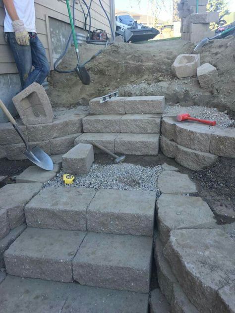 Retaining Wall Block Steps, Retaining Wall Stairs Outdoor Steps, Cement Block Stairs, Diy Steps Outdoor, Cinder Block Stairs, Concrete Block Steps, Outdoor Steps On A Slope, Hillside Stairs, Backyard Paths