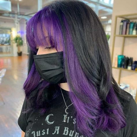 Purple And Black Hair With Bangs, Purple Hair With Black Tips, Purple Dyed Ends, Half Purple Half Brown Hair, Purple And Dark Brown Hair, Purple And Black Hair Ideas, Purple Hair With Dark Roots, Black And Purple Hair Ideas, Purple Skunk Hair