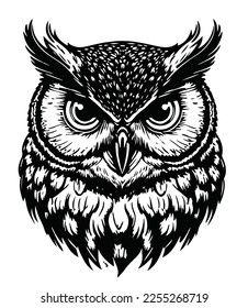 Vector art of an owl in black and white Owl Vector Illustration, Cool Skeleton Art, White Owl Tattoo, Laser Engraving Files, Owl Svg, Steampunk Illustration, Owl Graphic, Owl Head, Owl Art Print