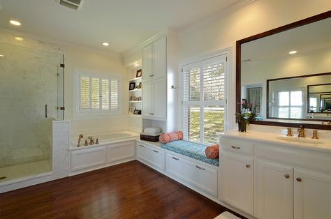 Traditional Bathroom by Zuri Custom Homes & Renovations Bathroom Storage Bench, Corner Bench With Storage, Traditional Bathroom Remodel, Dark Wood Floor, Built In Bench Seating, Built In Window Seat, Tub Remodel, White Marble Bathrooms, Shower Backsplash