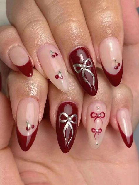 Burgundy Nail Art, Bow Nail Designs, Bow Nail Art, Kutek Disney, Cherry Nails, Nagel Tips, French Tip Acrylic Nails, Nail Art Set, Color Nails