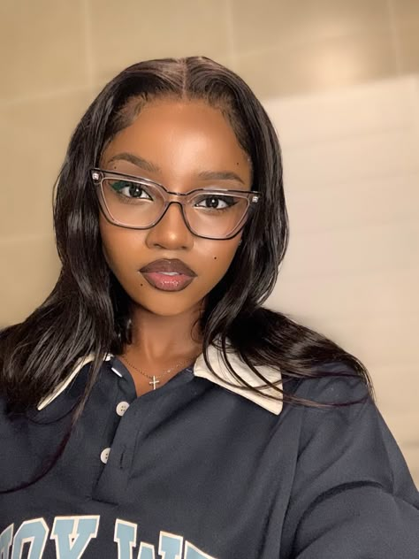 Makeup, glasses, black girl Gold Glasses Black Women, Cat Eye Glasses Black Women, Cute Glasses Makeup Looks, Glasses Makeup Black Women, Black Women In Glasses Eyeglasses, Natural Makeup Glasses, Makeup With Glasses Black Women, Glasses With Makeup, Cute Prescription Glasses Black Women