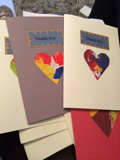 Personal handmade thank you cards using hearts cut from toddler's painting Thank You Card From Toddler, Toddler Thank You Cards, Toddler Thank You Cards Diy, Toddler Cards Handmade, Diy Thank You Cards From Kids, Thank Cards, Kids Thank You Cards, Thank You Cards From Kids, Toddler Painting