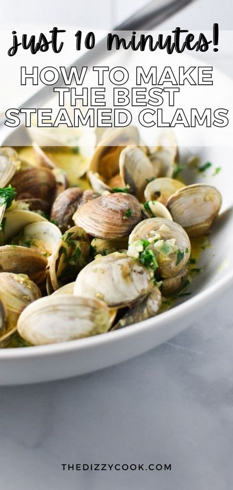 How to make the best steamed clams in under 10 minutes! This step by step tutorial for washing clams gives all the details you need to make this great summer seafood recipe. With shallots, herbs, and a butter broth, there's no alcohol or wine in this clam recipe. Asian Clams Recipe, How To Cook Clams, Clam Recipe, Healthy Seafood Dishes, Dizzy Cook, Mixed Seafood Recipe, Herbed Butter, Migraine Diet, Steamed Clams