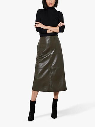 Mint Velvet Leather A-Line Midi Skirt, Khaki Velvet Midi Skirt Outfit, A Line Leather Skirt Outfit, Leather A Line Skirt Outfit, A Line Leather Skirt, Midi Leather Skirt, A Line Skirt Outfits, Leather A Line Skirt, Velvet Midi Skirt, Leather Skirt Outfit