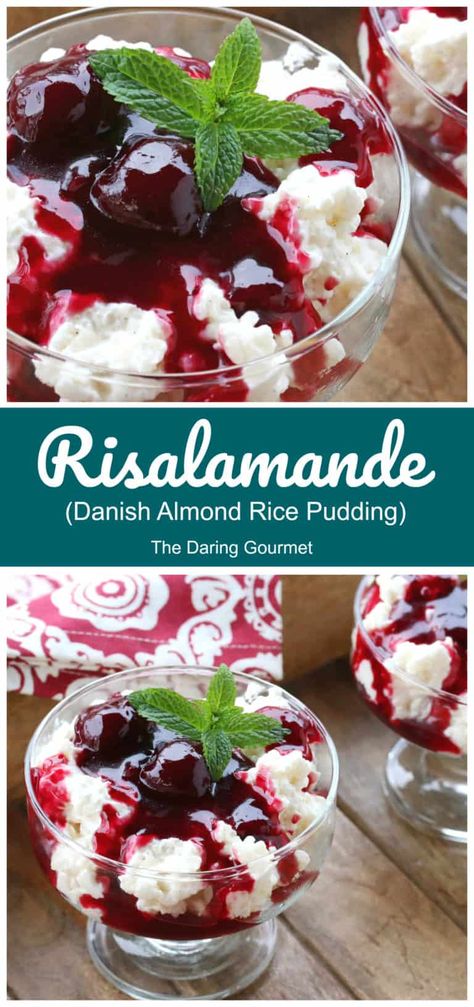 Risalamande (Danish Almond Rice Pudding) Danish Rice Pudding, Danish Cuisine, Almond Rice, Rice Desserts, Cherry Sauce, Danish Christmas, Scandinavian Food, Danish Food, Christmas Dessert