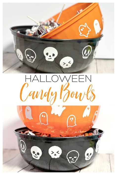 Add vinyl decals to plain bowls to turn them into fun candy bowls for trick or treating, or fill them up with popcorn for a halloween movie night, or use them for a halloween dinner or party. Trick Or Treat Bowl, Halloween Popcorn, Halloween Candy Bowl, Halloween Movie Night, Popcorn Bowl, Trick Or Treaters, Crafts Halloween, Halloween Movie, Halloween Dinner