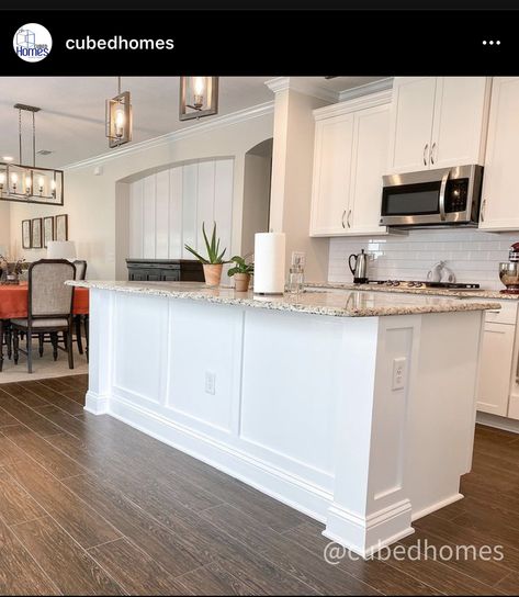 Wainscot Kitchen Island, Breakfast Bar Trim Ideas, Kitchen Island With Support Post Shiplap, Kitchen Island Millwork, Adding Molding To Kitchen Island, Trimmed Out Kitchen Island, Molding On Island, Island Molding Ideas, Kitchen Island Moulding