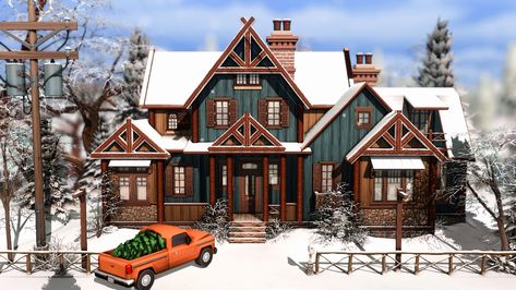 Sims 4 City Living, Winter House Exterior, Sims 4 Houses Layout, Sims 4 Speed Build, Rustic Log Cabin, Sims 4 House Plans, Sims 4 House Building, Cabin Exterior, Sims 4 House Design