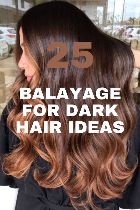 A long, wavy dark brown to caramel balayage hairstyle, styled for a soft and dimensional look. Balayage For Dark Hair, Dark Chestnut Brown Hair, Brown Balayage Bob, Dark Hair Ideas, Dark Hair Balayage, Hair Balayage Ideas, Caramel Highlights On Dark Hair, Caramel Balayage Highlights, Brunette Hair Cuts