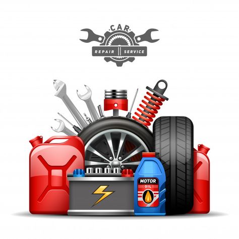 Car service center advertisement composition poster with wheels tires oil and gas canister Free Vector Everything Journal, Mechanic Logo Design, Mechanic Shop Decor, Car Service Center, Mechanic Shop, Car Spare Parts, Wheel Alignment, Car Repair Service, Auto Repair Shop