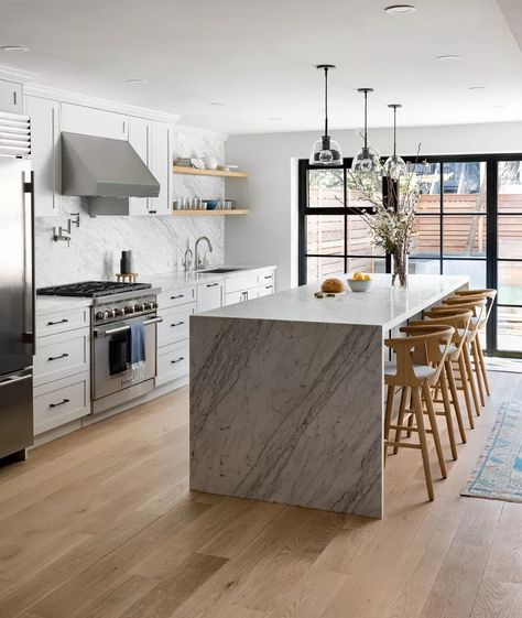 25 Transitional Kitchen Ideas You'll Never Regret Waterfall Kitchen Island, Transitional Kitchen Ideas, Waterfall Island Kitchen, Waterfall Kitchen, Transitional Kitchens, Waterfall Island, Apartment Decorating On A Budget, Countertop Options, Calacatta Marble