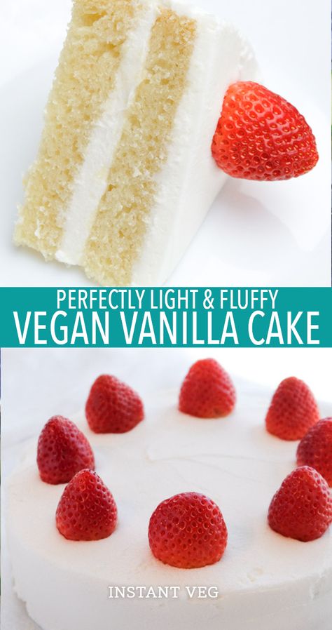 The BEST vegan cake! This vegan vanilla cake is pure perfection. It’s light, fluffy, and moist – with just the right amount of vanilla flavor. Top it off with my vegan buttercream frosting for a cake that’s straight from heaven. #vegancake #veganvanillacake #veganshortcake #veganbirthdaycake #bestvegancake #veganwhitecake #vegandesserts #easyvegancake Banana Diaries, Vegan Vanilla Cake, Vegan Buttercream, Vegan Baking Recipes, Eggless Baking, Vegan Cake Recipes, Cake Vegan, Desserts Vegan, Vegan Sugar