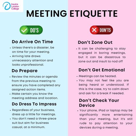 Meeting etiquette is important for making a great impression in the workplace. Here are some dos and don'ts to keep in mind. Do arrive on time, prepare beforehand, and dress appropriately to show respect. Don't zone out or get emotional during heated discussions, and avoid checking your devices, as it can come across as rude. Let's aim to make our meetings productive and professional! Workplace Vocabulary, Meeting Etiquette, Presentation Layouts, Show Respect, Business Etiquette, London College, Dos And Don'ts, Presentation Layout, Learning Courses