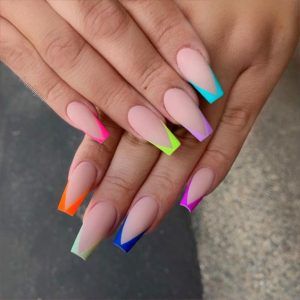 Neon Summer Nails 2023: 25 Ideas - thepinkgoose.com Unicorn Nails Designs, Bright Summer Acrylic Nails, Multicolored Nails, French Tip Nail Designs, Unicorn Nails, Minimalist Nail Art, French Tip Acrylic Nails, Summer Acrylic Nails, Neon Nails