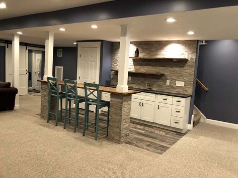 Snack Bar Basement Ideas, Finished Basement Ideas With Kitchen, Small Basement Kitchen With Island, Small Basement Kitchen With Bar, Basement Remodel Kitchenette, Bar Between Basement Poles, Basement Kitchenette With Peninsula, Tiny Basement Ideas, Small Basement Design Ideas