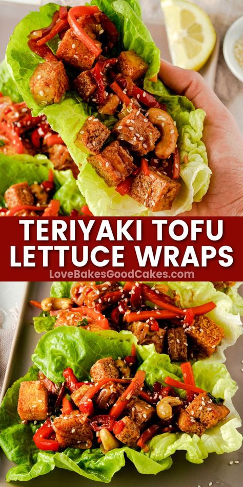 Teriyaki Tofu Lettuce Wraps pin collage Terriyaki Tofu, Tofu Teriyaki, Tofu Lettuce Wraps, Vegan Lettuce Wraps, Lettuce Recipes, Soft Tofu, Tofu Recipes Vegan, Teriyaki Tofu, Tofu Salad