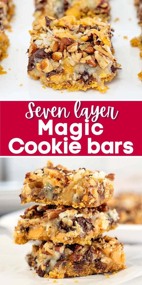 7 Layer Magic Cookie Bars are crunchy, chewy, and decadently sweet! Made using a rich mix of graham crackers, sweetened condensed milk, chocolate and butterscotch chips, coconut, and nuts, these easy-to-make bars are delightfully gooey and delicious! Graham Cracker Sweetened Condensed Milk, Magic Cookie Bars Eagle Brand, 7 Layer Magic Cookie Bars, Magic Cookie Bars, Magic Bars, Toffee Bars, Dessert Bar Recipe, 7 Layer, Butterscotch Chips