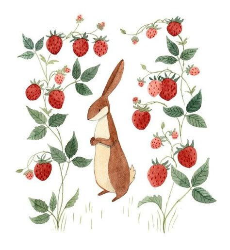 Spring Illustration Art, Spring Illustrations, Strawberry Art, Spring Illustration, 동화 삽화, Gouache Illustrations, Floral Pattern Design, 수채화 그림, Whimsical Illustration