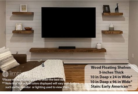 Floating Shelves Living Room Mounted Tv, Mounted Tv Living Room, Floating Shelves Around Tv, Under Tv Decor, Media Wall Ideas, Mounted Tv Ideas Living Rooms, Floating Shelf Under Tv, Shelf Under Tv, Shelves Around Tv