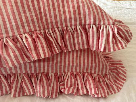 Red and White Stripe Linen Ruffled Pillowcase, Candy Striped Pillow Cover with Frill Ruffle Pillow Case, Ruffle Pillow, Striped Bedding, Linen Yarn, Brown Pillows, Striped Pillow, Handmade Cushions, Baby Pillows, Linen Pillow Cases