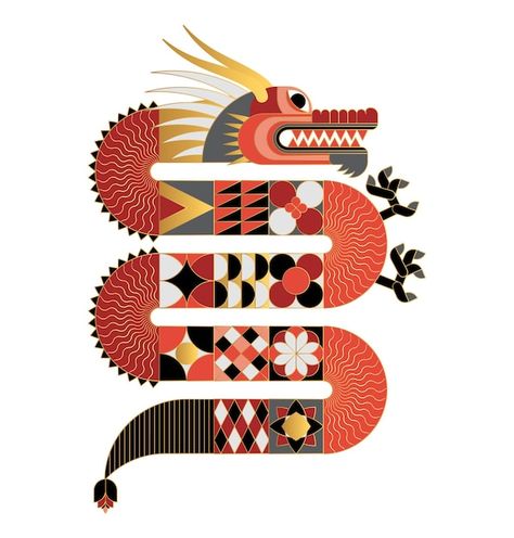 Chinese Dragon Ornament, Hexagon Graphic Design, Dragon Graphic Design, Chinese Dragon Illustration, Aztec Dragon, Geometric Dragon, Modern Dragon, Dragon Abstract, Brewery Logos