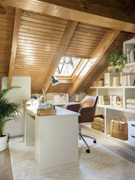 Home Office In Attic, Office With Vaulted Ceiling, Attic Room Office, Aesthetic Attic Room, Small Attic Office, Room Ideas Attic, Loft Office Space, Attic Office Ideas, Nook In Bedroom