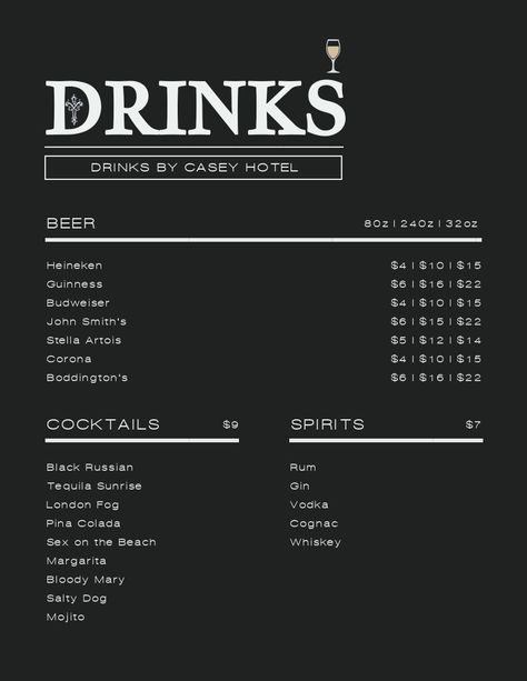 Drinks - Menu Template Visme Drinks Advertisement, Menu Maker, Case Study Template, Data Visualization Tools, Black Russian, Drink Menu, Change Image, Liquor Store, Custom Fonts