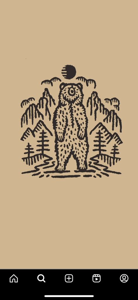 Canadian Bear Tattoo, Western Bear Tattoo, Bear Walking Tattoo, Illustrative Bear Tattoo, Granola Tattoos For Men, Cool Bear Drawings, Great Smoky Mountains Tattoo, Woodcut Bear Tattoo, Spirit Bear Tattoo