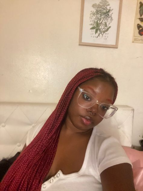 Dyed red eyebrows pretty black girl knotless braids Dyed Eyebrows Black Women, Dark Red Braids For Black Women, Dark Red Knotless Braids, Knee Length Knotless Braids, Knee Length Knotless, Dyed Eyebrows, Red Knotless Braids, Red Knotless, Red Eyebrows