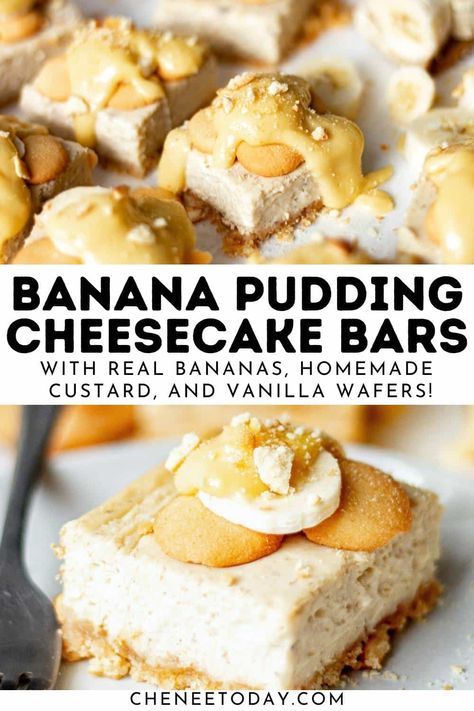 These banana pudding cheesecake squares are incredible! We’re making our banana cheesecake bars with real bananas and an easy stovetop custard to top our buttery vanilla wafer crust! Banana Cheesecake Bars, Banana Pudding Cheesecake Squares, Banana Pudding Cheesecake Bars, Pudding Bar, Chess Squares, Banana Pudding Desserts, Easy Banana Pudding, No Bake Banana Pudding, Pudding Cheesecake