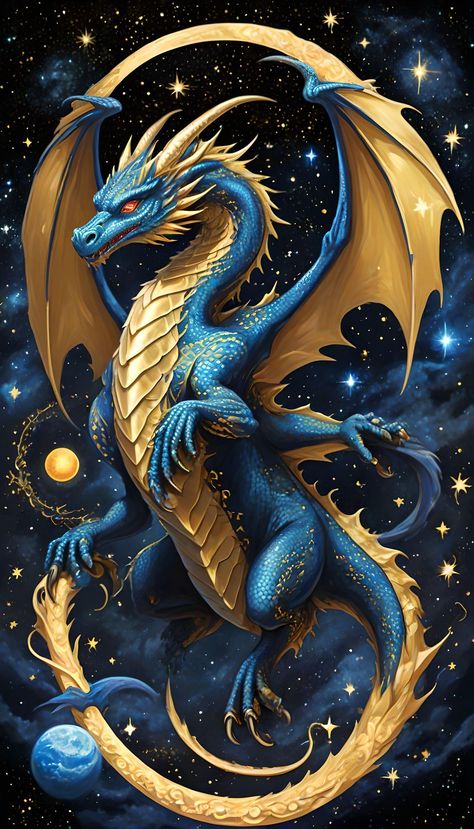 Dragon ruler over the galaxy Legendary Dragons Fantasy Art, Female Dragon Art, Blue And Red Dragon, Dragons Images, Dragons Wings, Cool Dragon Pictures, Fantasy Dragon Art, Star Dragon, Royal Blue Wallpaper