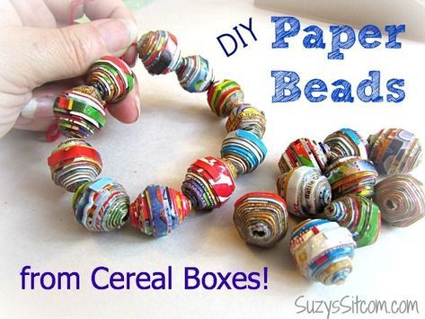 How to make pretty beads with cereal boxes! Cereal Boxes Diy, Different Types Of Paper, Cereal Box Craft, Paper Beads Tutorial, Paper Beads Diy, Types Of Paper, Make Paper Beads, Cereal Boxes, Paper Bead Jewelry