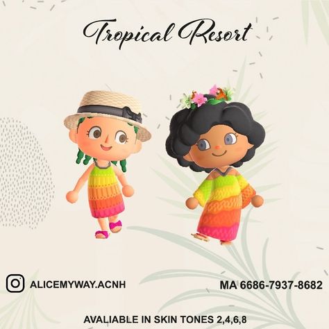 animal crossing qr closet — tropical resort clothing collection ✨ Animal Crossing Summer Outfit Codes, Tropical Clothes, Acnh Summer, Acnh Tropical, Acnh Fashion, Resort Clothing, Acnh Outfits, Acnh Inspiration, Acnh Clothes