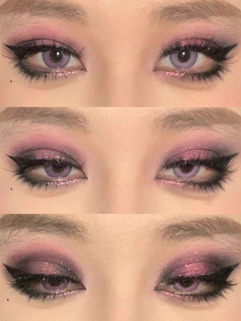 Pastel Pink And Purple Makeup, Makeup Ideas Edgy, Artsy Eyeshadow Looks, Emo Bridal Makeup, Oppenheimer Makeup, Stargirl Makeup Tutorial, Y2k Eyeshadow Looks, Gloomy Bear Makeup, Cutesy Makeup Looks