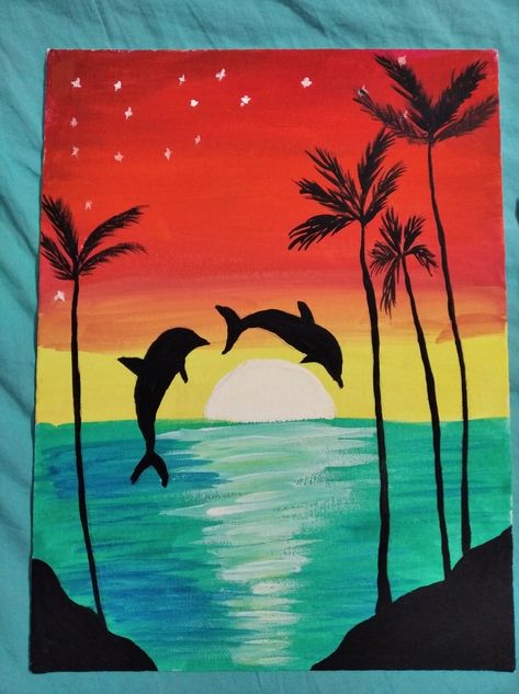 Easy Watercolor Painting, Drawing Sunset, Oil Pastel Drawings Easy, Drawing Scenery, Animal Art Projects, Silhouette Painting, Lake Painting, Flower Art Drawing, Oil Pastel Drawings