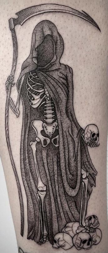 Skull Tattoo Thigh Women, Skeleton Leg Tattoos Women, Gothic Tattoo Ideas Beautiful, Dark Thigh Tattoos For Women, Dark Feminine Tattoos Thigh, Realistic Ghost Tattoo, Dark Female Tattoos, Spooky Forearm Tattoo, Spooky Fine Line Tattoos