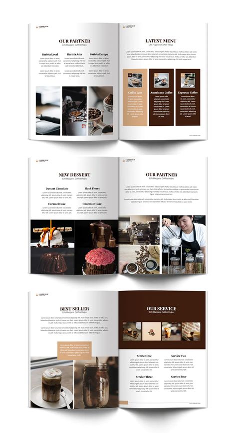 Coffee Shop A4 Brochure Template InDesign - 24 pages Coffee Catalogue Design, Coffee Book Layout, Coffee Magazine Cover, Coffee Catalogue, Brosur Design Promotion, Coffee Showroom, Coffee Brochure, Chocolate Template, Coffee Magazine