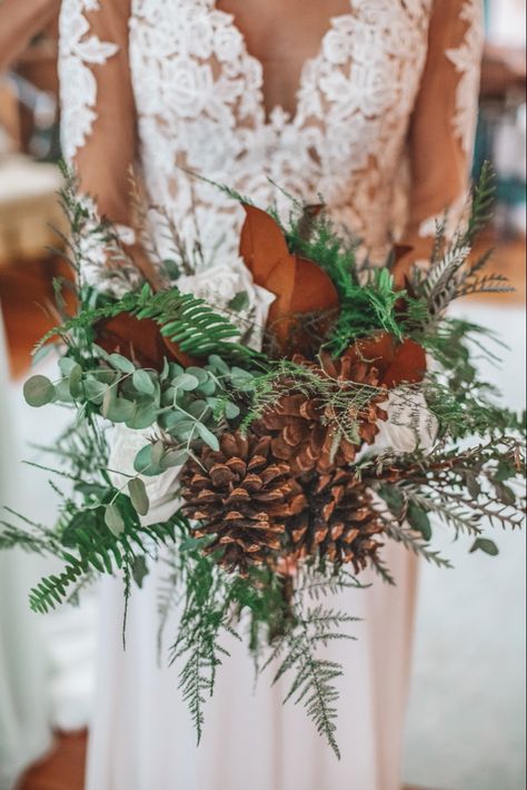 Woodland forest bouquet with pinecones and eucalyptus Pine Wedding Bouquet, Forest Bouquet, Cone Bouquet, Pinecone Bouquet, Fern Bouquet, Forest Green Bridesmaid Dresses, Christmas Wedding Bouquets, Green Wedding Bouquet, Waterfall Wedding