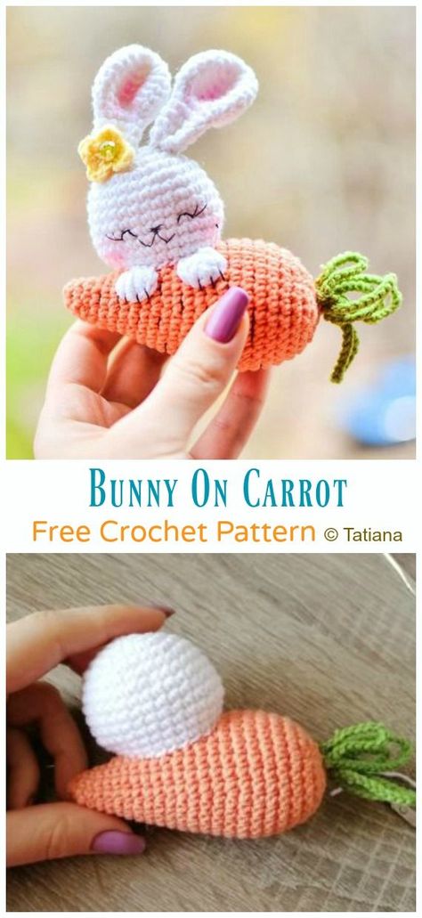 Crochet Bunny On Carrot Amigurumi Free Pattern - #Amigurumi; Bunny Free Crochet Patterns Crochet Toys Free Patterns, Crochet Toys Free, Crochet Easter, Crochet Bunny Pattern, Easter Crochet Patterns, Amigurumi Bunny, Bunny Crochet, Pola Amigurumi, Easter Crochet