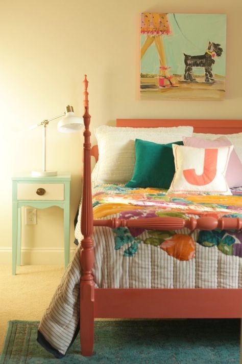 Painted Coral Bed Painted Bed Frame, Coral Bed, Painted Bed Frames, Twin Boys Bedroom, Bed Makeover, Upcycle Dresser, College Apartments, Painted Beds, Girl’s Room