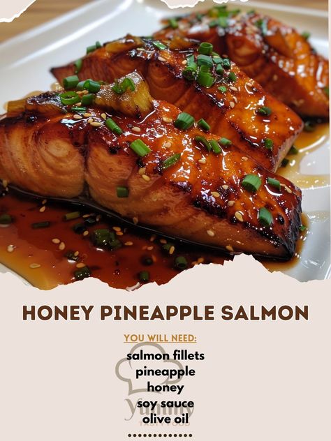 🍍🐟 Dive into the sweet and savory world of Honey Pineapple Salmon! Perfect for a nutritious and delicious meal. #HealthyEats #FlavorfulFusion Honey Pineapple Salmon Recipe 🍯 Ingredients: 4 salmon fillets (150g each) 100g pineapple, finely chopped 30ml honey 15ml soy sauce 5ml olive oil 2 garlic cloves, minced Salt and pepper to taste Fresh cilantro for garnish Instructions: Preheat your oven to 200°C (400°F). In a bowl, mix honey, soy sauce, olive oil, and garlic to create the marinade. P... Salmon Pineapple Bowl, Salmon Ideas For Dinner, Honey Pepper Salmon, Honey Soy Salmon Marinade, Honey Pineapple Salmon, Honey Glazed Pineapple Salmon, Honey Soy Garlic Salmon, Summer Salmon Recipe, Salmon With Soy Sauce And Honey