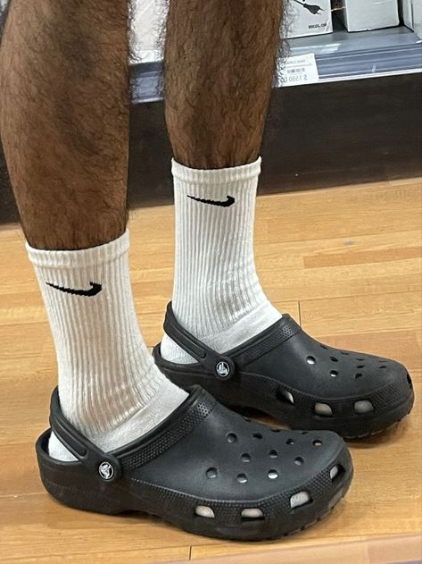 Please avoid leaving Crocs where they will be exposed to heat or sun, such as a dish washer, washing machine, or hot car, as this can cause the shoes to shrink or warp. Black Crocs Outfit, Crocs Aesthetic Outfit, Crocs Outfit Men, Aesthetic Crocs, Cool Crocs, Crocs Aesthetic, Crocs Outfit, Shoe Refashion, Black Outfit Men