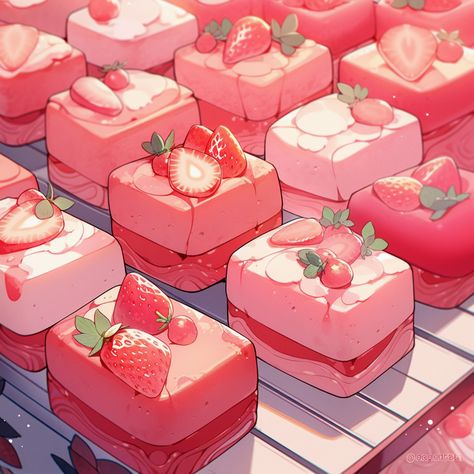 Anime Sweets Aesthetic, Anime Food Desserts, Anime Food Pink, Japan Food Anime, Strawberry Aesthetic Art, Japanese Anime Food Art, Anime Cafe Food, Anime Desserts Aesthetic, Anime Sweets Food