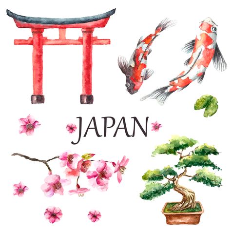 Watercolor Japan set. Japanese capital signs. Japan Watercolor, Watercolor Koi Fish, Japan Image, Japanese Tree, Japanese Watercolor, Japanese Drawings, Cherry Blossom Branch, Japanese Flowers, Japan Design