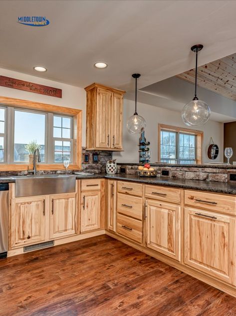 Rustic Hickory Kitchen Cabinets, Rustic Hickory Kitchen, Rustic Cabin Kitchen, Kitchen Cabinets And Flooring, Hickory Kitchen Cabinets, Hickory Kitchen, Hickory Cabinets, Cabin Kitchen, Kitchen Addition