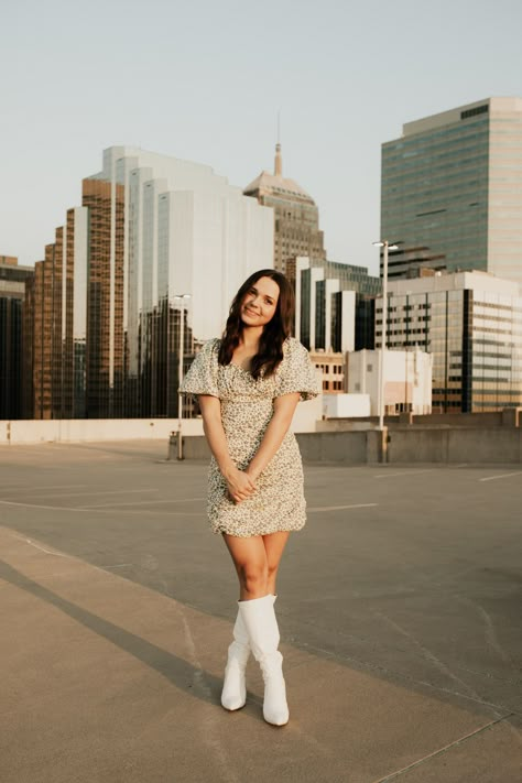 Oklahoma City Senior Pictures, Big City Senior Pictures, Senior Picture Parking Garage, City Scape Senior Photos, Senior Downtown Photography, Senior Picture Ideas Fall City, Denver Senior Pictures, Downtown Photoshoot Dress, Parking Garage Graduation Photoshoot